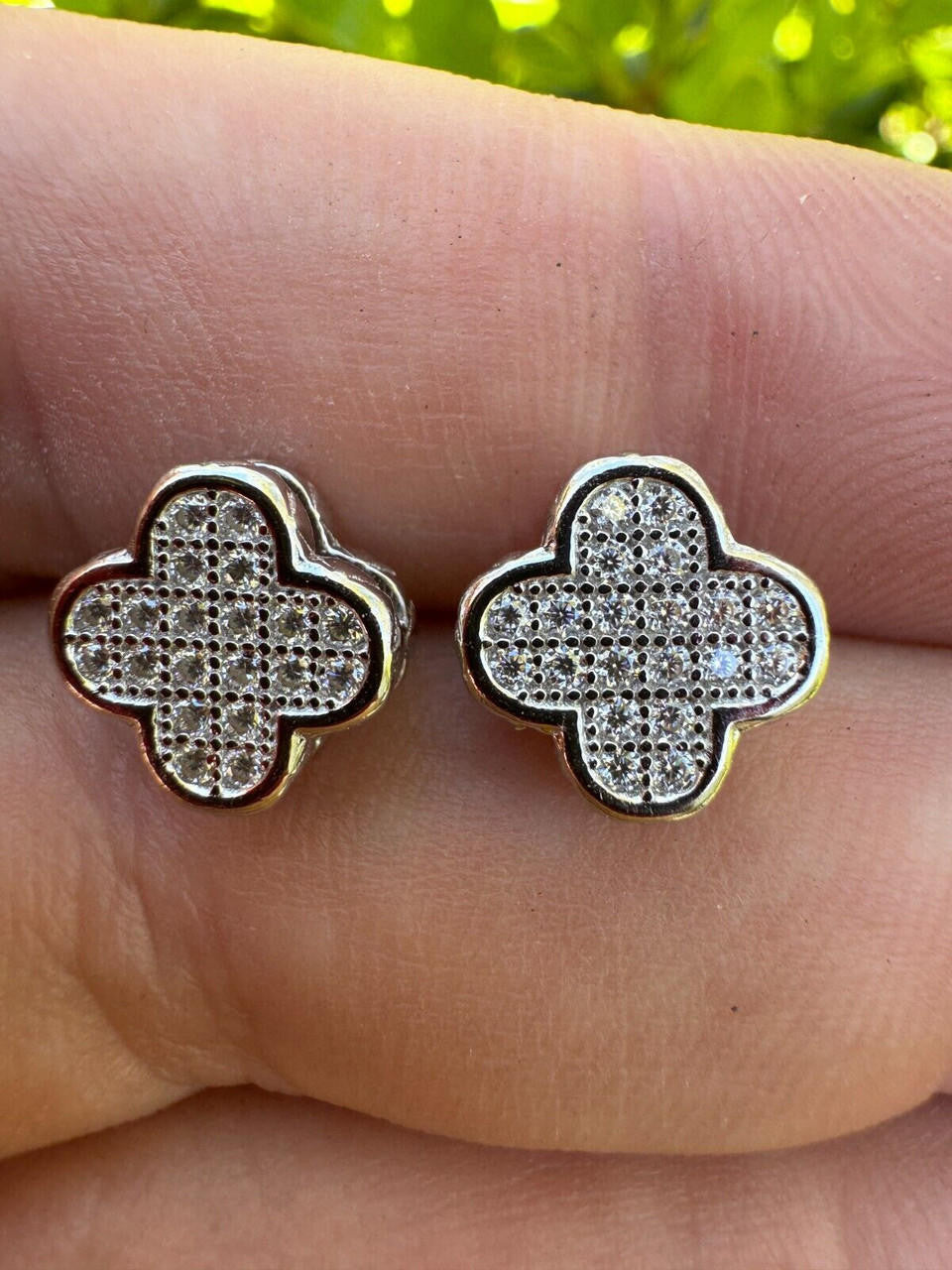 HarlemBling MOISSANITE Earrings Clover 10mm Real 925 Silver Iced Large Mens Ladies Studs