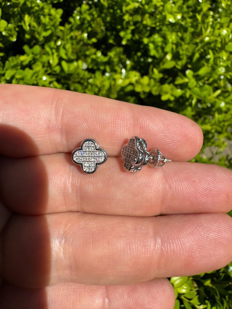 HarlemBling MOISSANITE Earrings Clover 10mm Real 925 Silver Iced Large Mens Ladies Studs