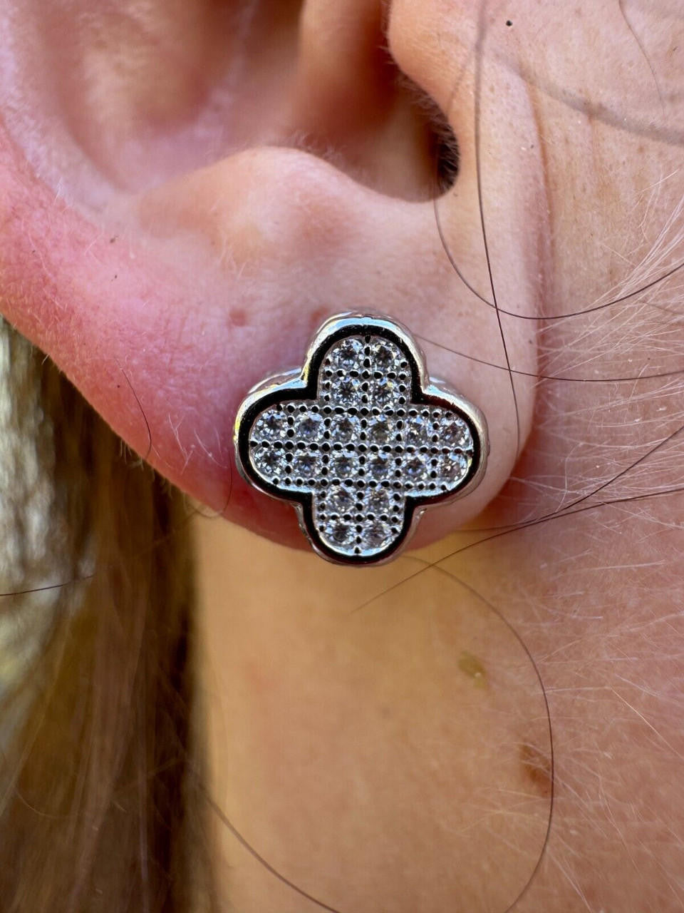 HarlemBling MOISSANITE Earrings Clover 10mm Real 925 Silver Iced Large Mens Ladies Studs