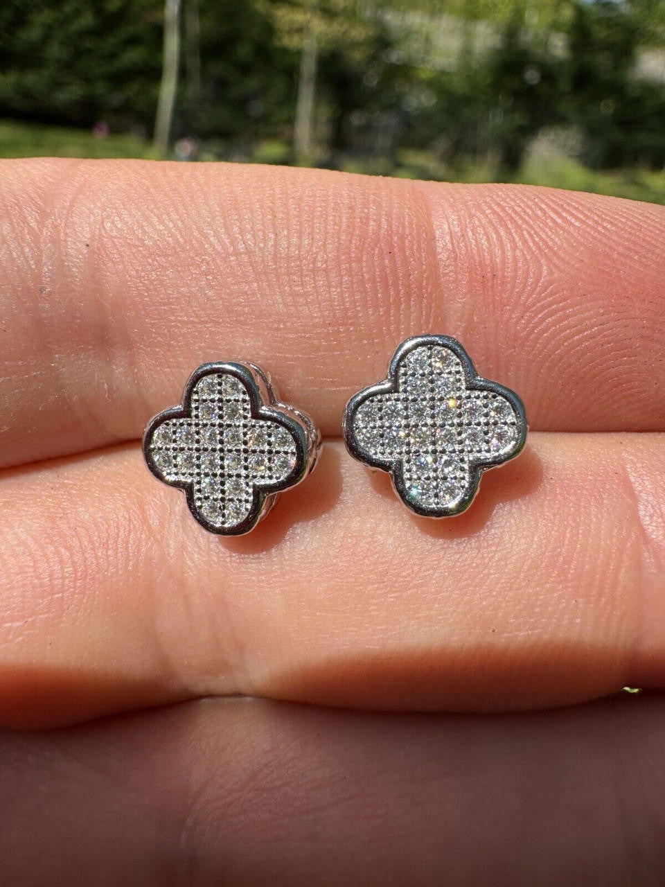 HarlemBling MOISSANITE Earrings Clover 10mm Real 925 Silver Iced Large Mens Ladies Studs