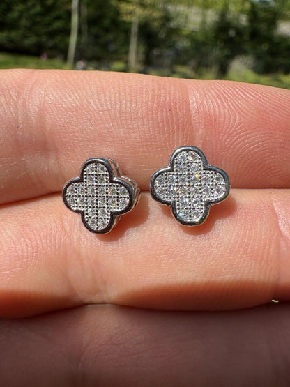 HarlemBling MOISSANITE Earrings Clover 10mm Real 925 Silver Iced Large Mens Ladies Studs