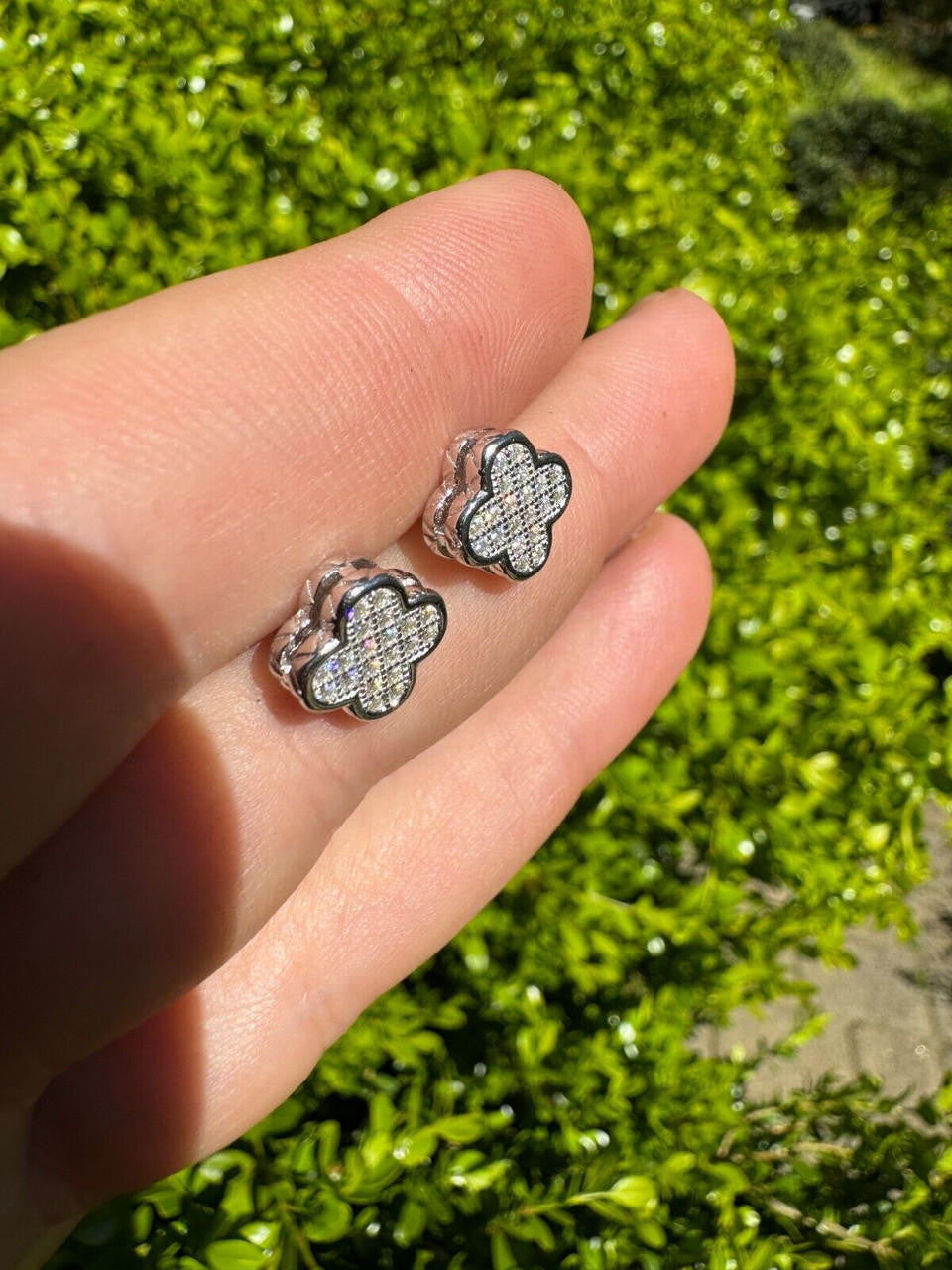 HarlemBling MOISSANITE Earrings Clover 10mm Real 925 Silver Iced Large Mens Ladies Studs