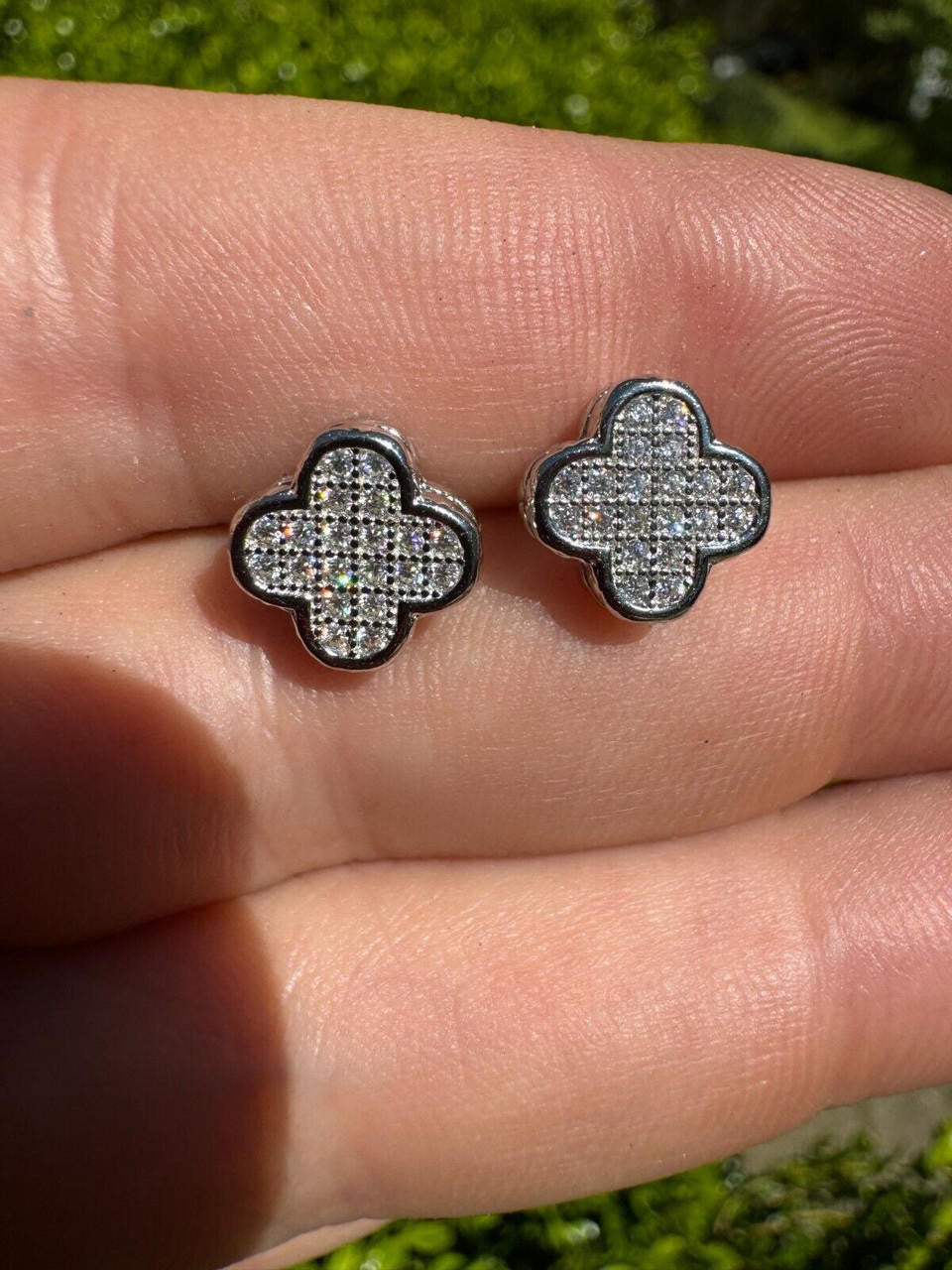 HarlemBling MOISSANITE Earrings Clover 10mm Real 925 Silver Iced Large Mens Ladies Studs