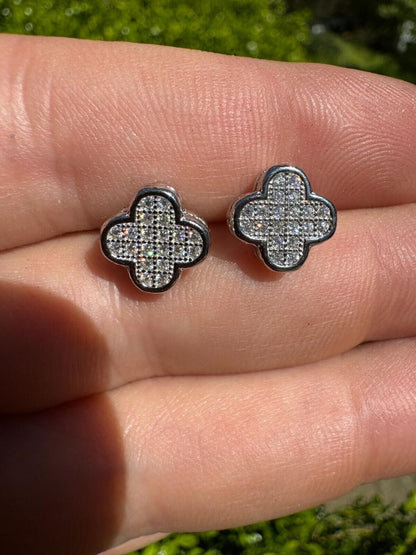 HarlemBling MOISSANITE Earrings Clover 10mm Real 925 Silver Iced Large Mens Ladies Studs