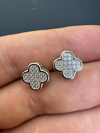 HarlemBling MOISSANITE Earrings Clover 10mm Real 925 Silver Iced Large Mens Ladies Studs