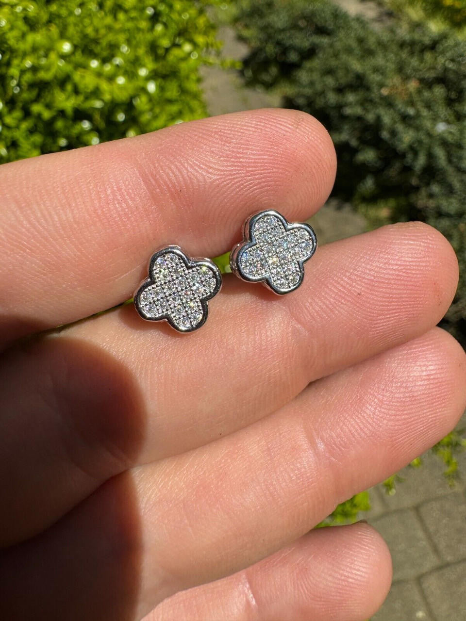 HarlemBling MOISSANITE Earrings Clover 10mm Real 925 Silver Iced Large Mens Ladies Studs