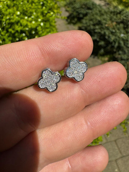 HarlemBling MOISSANITE Earrings Clover 10mm Real 925 Silver Iced Large Mens Ladies Studs