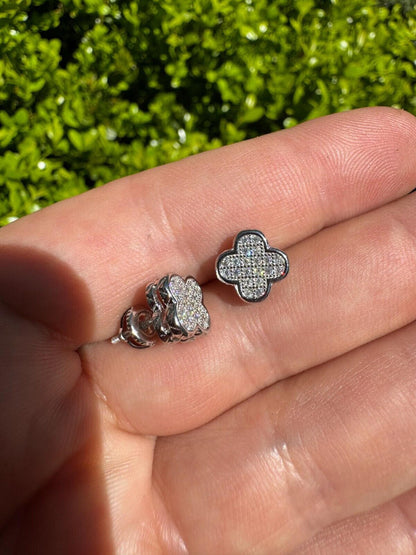 HarlemBling MOISSANITE Earrings Clover 10mm Real 925 Silver Iced Large Mens Ladies Studs
