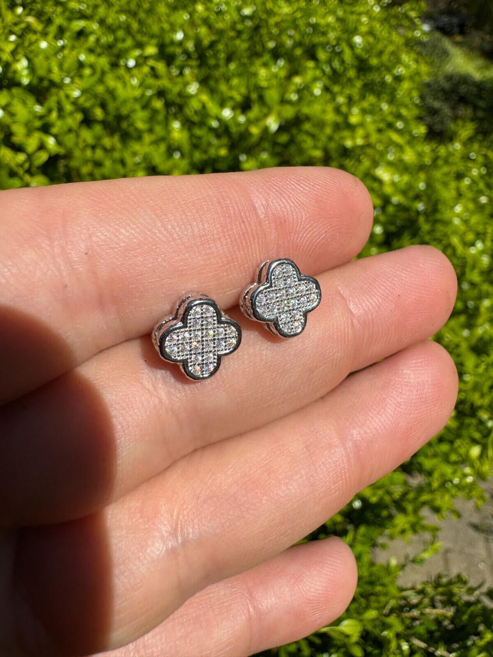 HarlemBling MOISSANITE Earrings Clover 10mm Real 925 Silver Iced Large Mens Ladies Studs