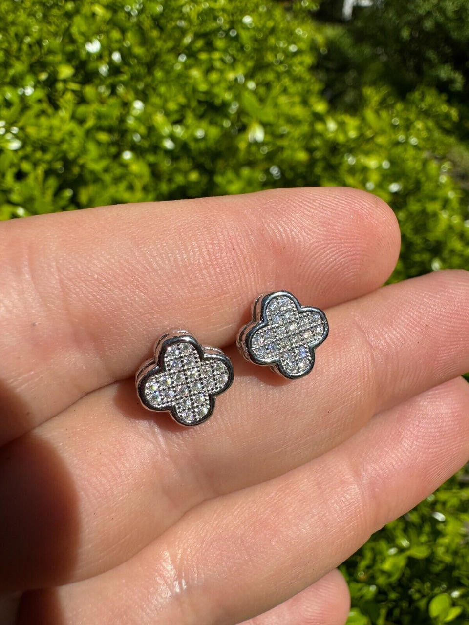 HarlemBling MOISSANITE Earrings Clover 10mm Real 925 Silver Iced Large Mens Ladies Studs