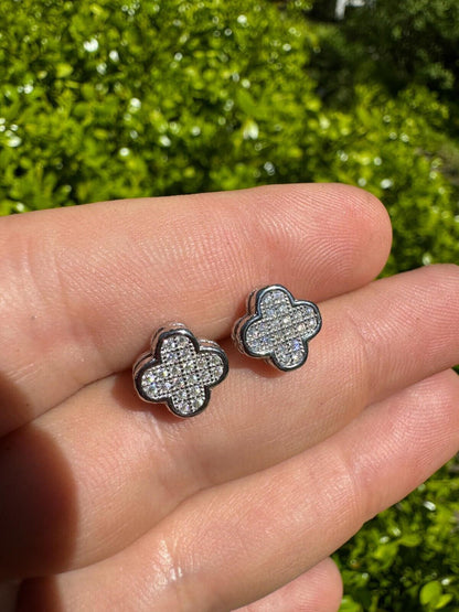 HarlemBling MOISSANITE Earrings Clover 10mm Real 925 Silver Iced Large Mens Ladies Studs