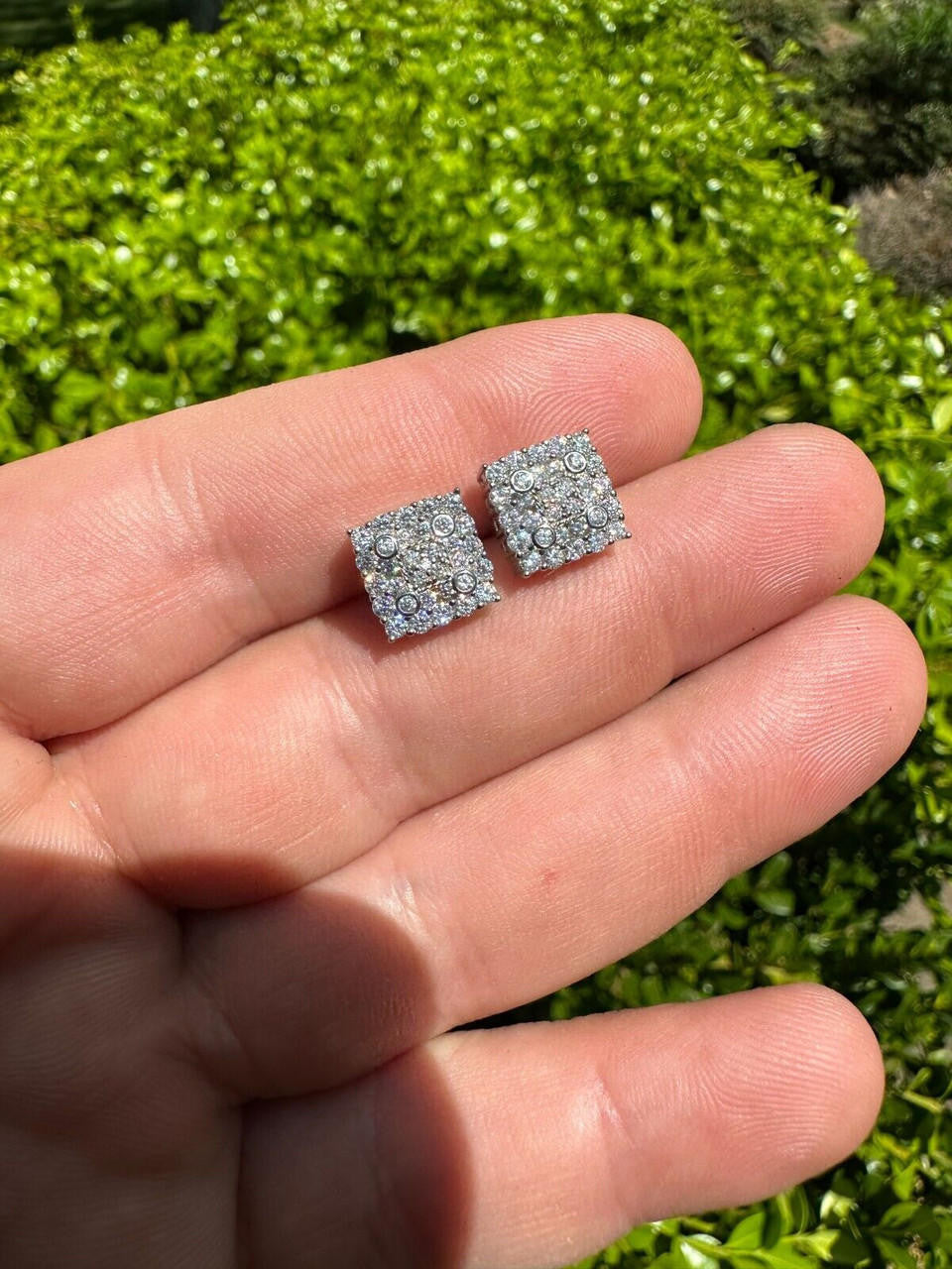 HarlemBling MOISSANITE Earrings Square 10mm Real 925 Silver Iced Large Mens Studs Hip Hop