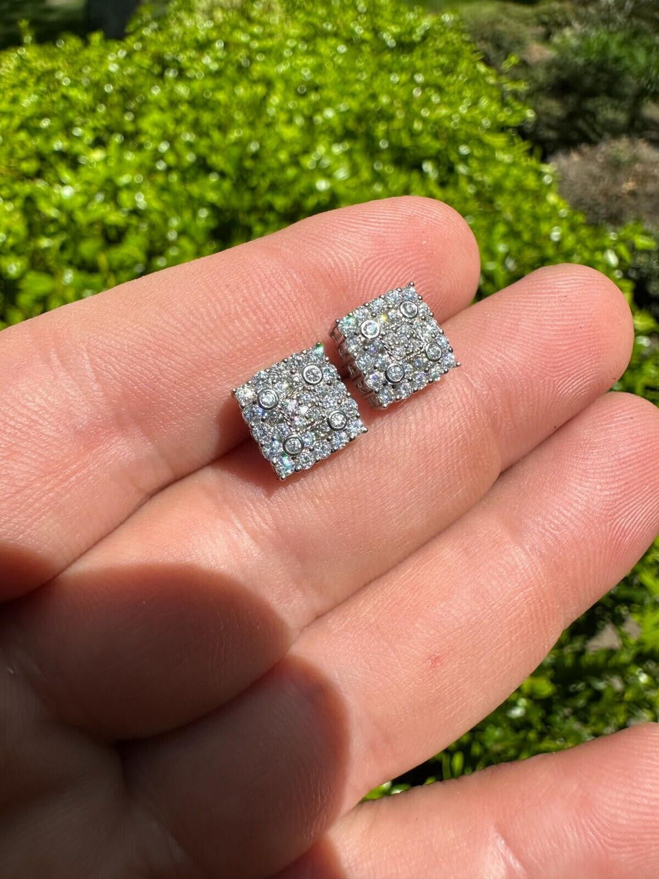 HarlemBling MOISSANITE Earrings Square 10mm Real 925 Silver Iced Large Mens Studs Hip Hop
