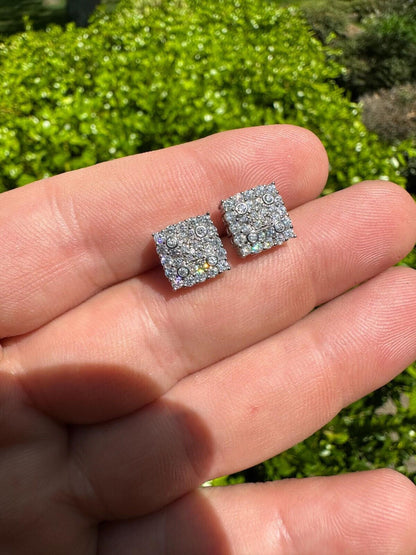 HarlemBling MOISSANITE Earrings Square 10mm Real 925 Silver Iced Large Mens Studs Hip Hop