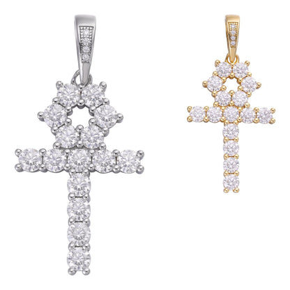 HarlemBling MOISSANITE Egyptian Ankh Tennis Cross Pendant - 14k Gold Vermeil Or 925 Silver - Small 1.5"