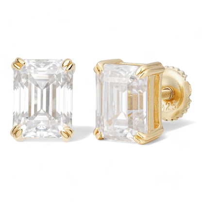 HarlemBling MOISSANITE Emerald Cut Square Solitaire Stud Earrings - 14k Gold Vermeil 925 Silver - 6x8mm - 4ct