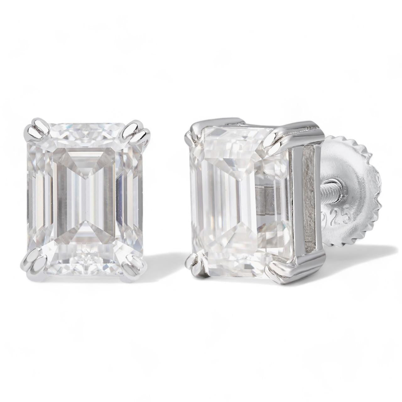HarlemBling MOISSANITE Emerald Cut Square Solitaire Stud Earrings - 925 Silver - 6x8mm - 4ct