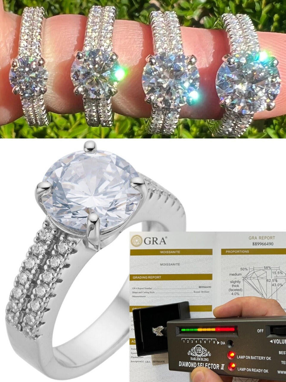 HarlemBling Moissanite Engagement Promise Ring Passes Diamond Tester 925 Silver 1.3ct-4.3ct