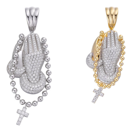 HarlemBling MOISSANITE Folded Praying Hands W. Cross Pendant - 14k Gold Vermeil Or 925 Silver - Medium 1.75"
