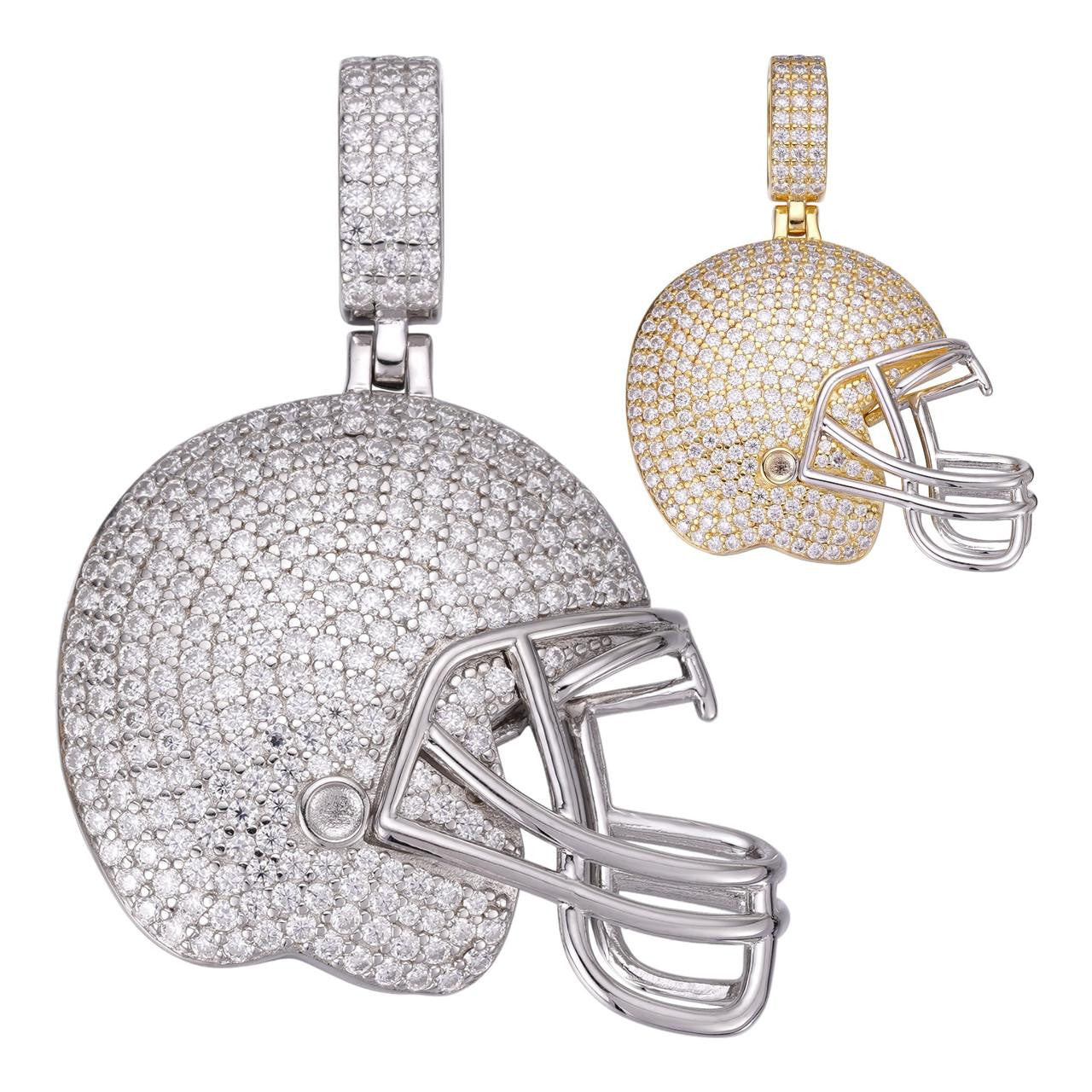 Real Moissanite Iced Football Helmet Pendant Solid 925 Silver / 14k Gold Plated Yellow Gold