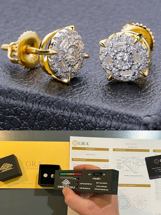 HarlemBling Moissanite Gold Vermeil HipHop 8mm Earrings Round Cluster Stud Pass Diamond Test