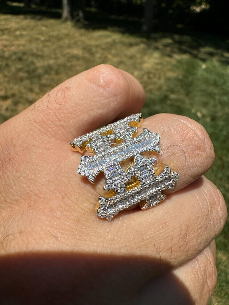 HarlemBling MOISSANITE Gothic Cross Baguette Iced Out Ring - 14k Gold Vermeil 925 Silver