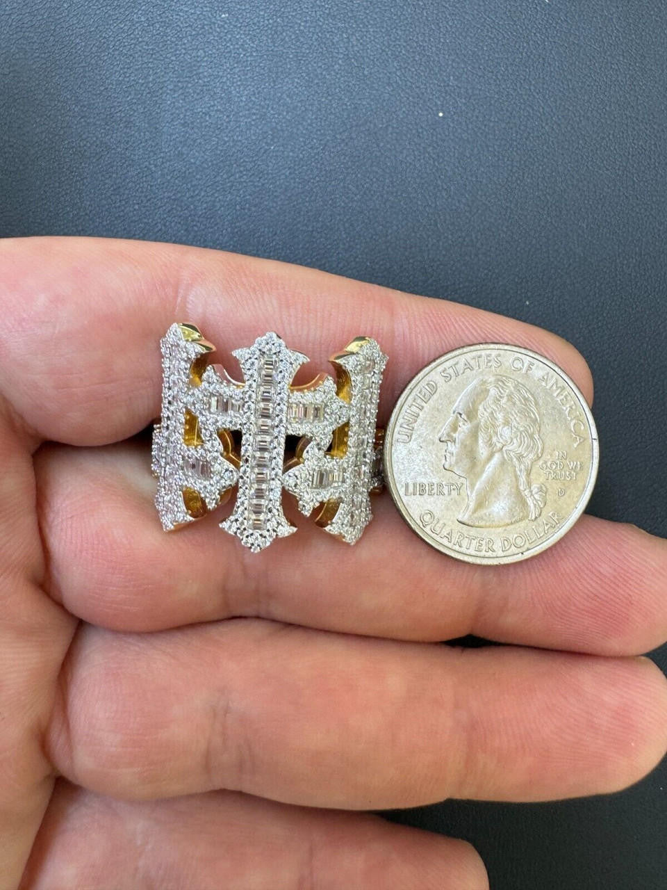 HarlemBling MOISSANITE Gothic Cross Baguette Iced Out Ring - 14k Gold Vermeil 925 Silver