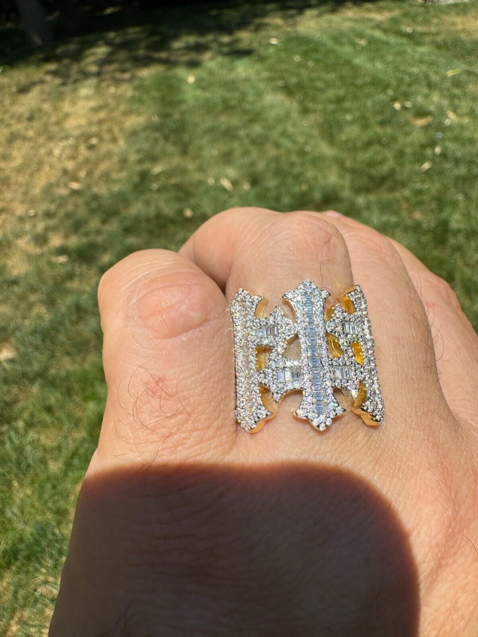 HarlemBling MOISSANITE Gothic Cross Baguette Iced Out Ring - 14k Gold Vermeil 925 Silver