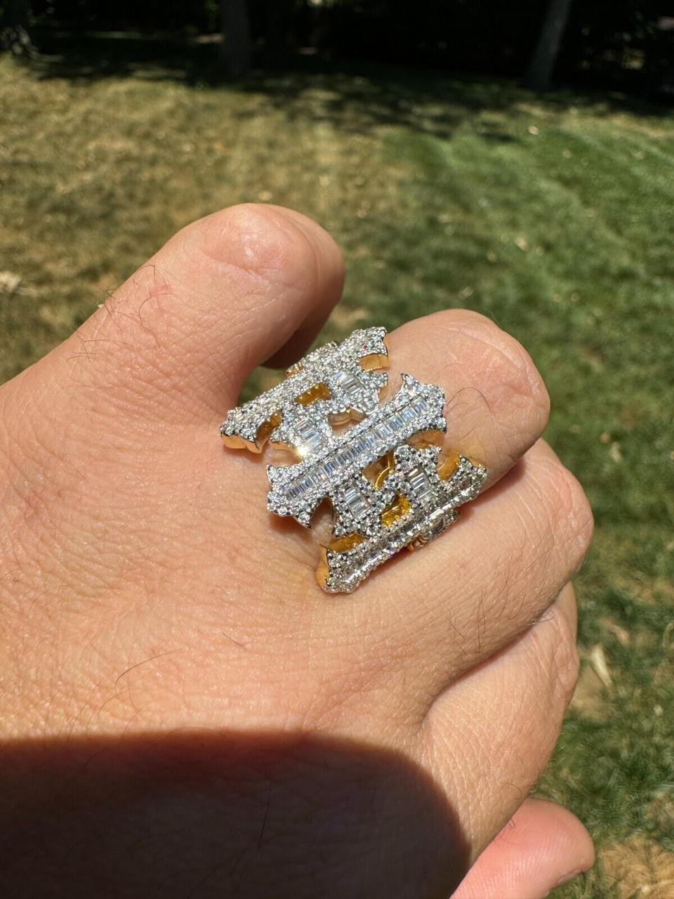 HarlemBling MOISSANITE Gothic Cross Baguette Iced Out Ring - 14k Gold Vermeil 925 Silver