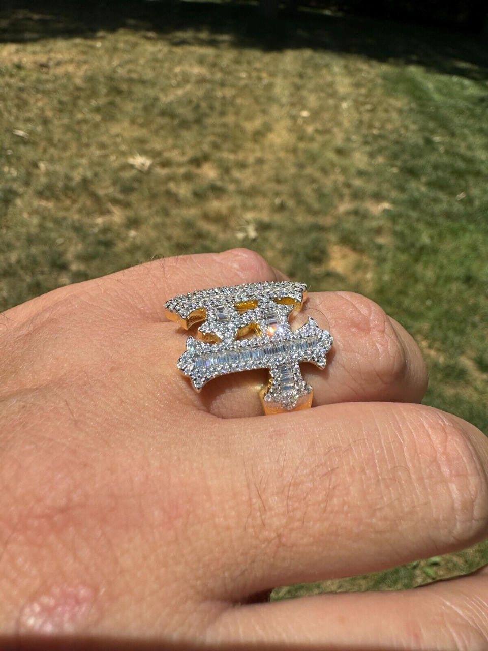 HarlemBling MOISSANITE Gothic Cross Baguette Iced Out Ring - 14k Gold Vermeil 925 Silver