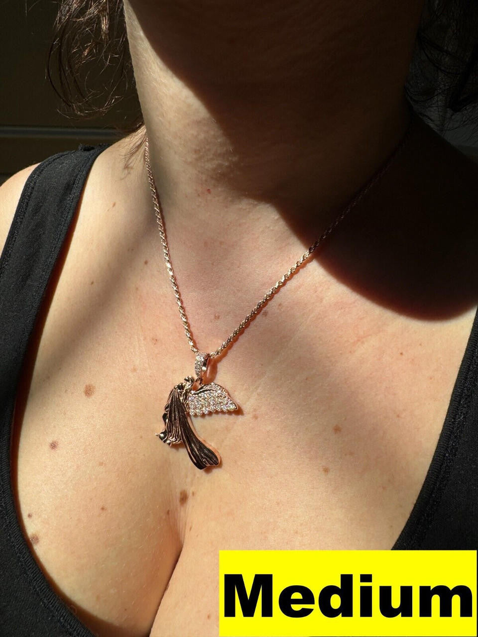 HarlemBling Moissanite Guardian Angel Pendant Real 14k Rose Gold & 925 Silver Iced Necklace