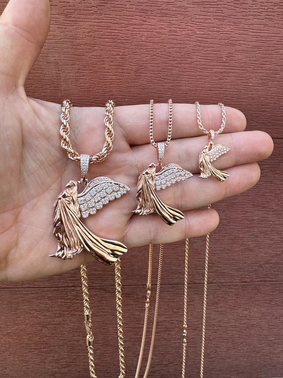 HarlemBling Moissanite Guardian Angel Pendant Real 14k Rose Gold & 925 Silver Iced Necklace