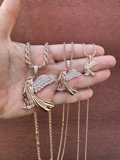 HarlemBling Moissanite Guardian Angel Pendant Real 14k Rose Gold & 925 Silver Iced Necklace