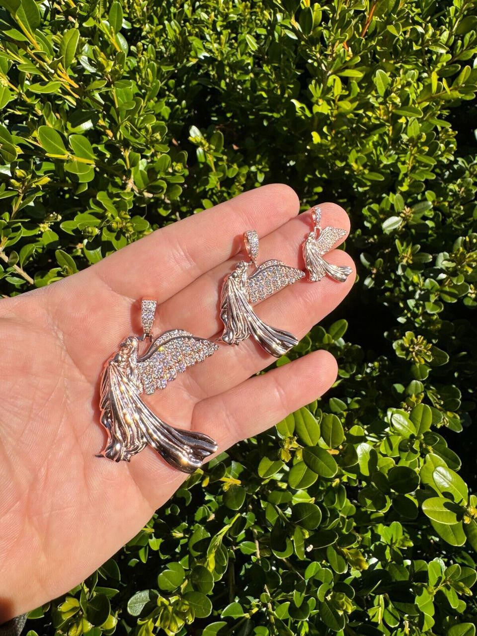 HarlemBling Moissanite Guardian Angel Pendant Real 14k Rose Gold & 925 Silver Iced Necklace