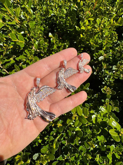 HarlemBling Moissanite Guardian Angel Pendant Real 14k Rose Gold & 925 Silver Iced Necklace