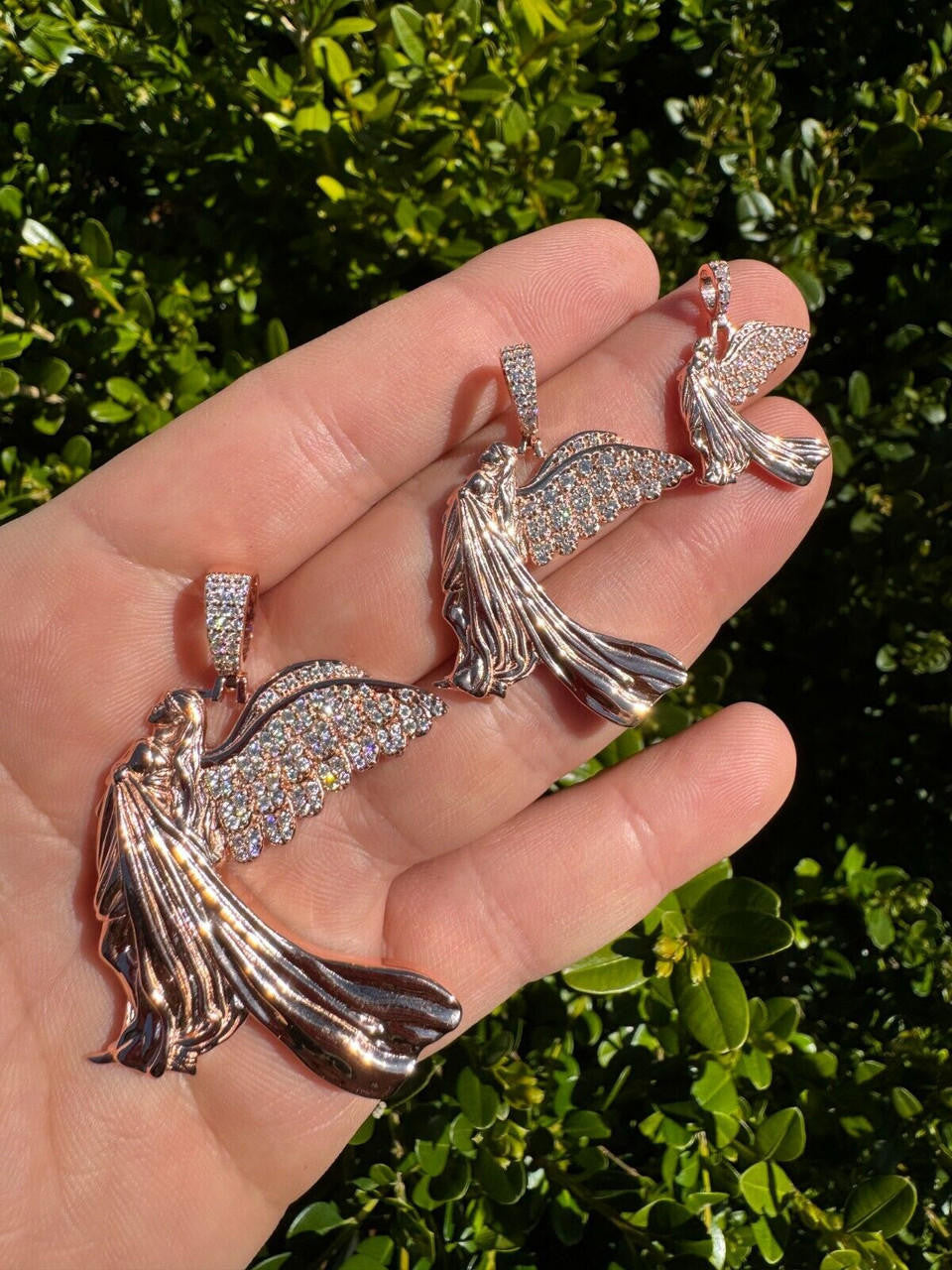 HarlemBling Moissanite Guardian Angel Pendant Real 14k Rose Gold & 925 Silver Iced Necklace