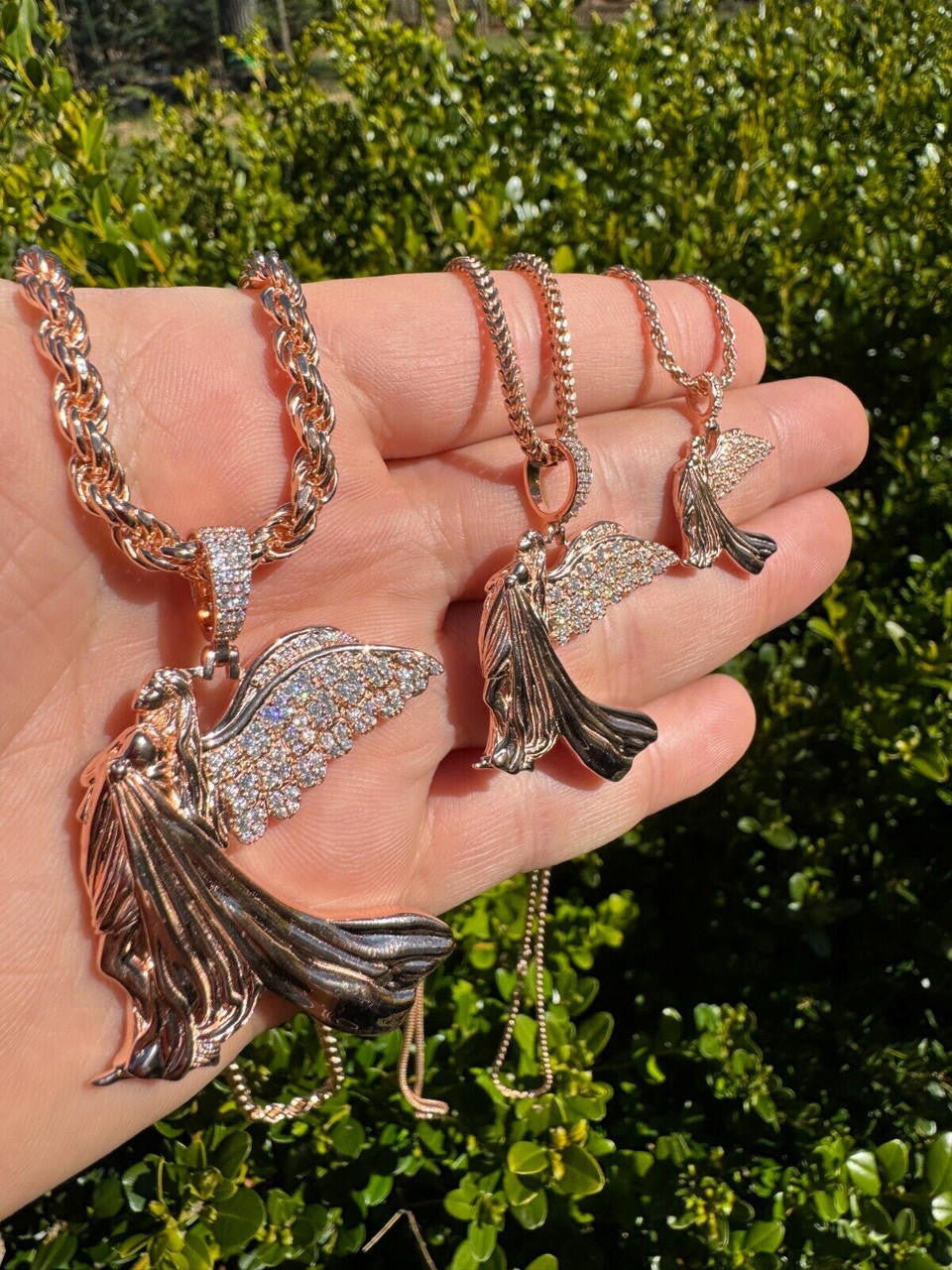 HarlemBling Moissanite Guardian Angel Pendant Real 14k Rose Gold & 925 Silver Iced Necklace