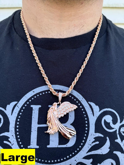HarlemBling Moissanite Guardian Angel Pendant Real 14k Rose Gold & 925 Silver Iced Necklace