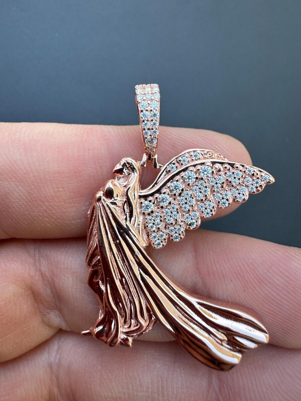 HarlemBling Moissanite Guardian Angel Pendant Real 14k Rose Gold & 925 Silver Iced Necklace