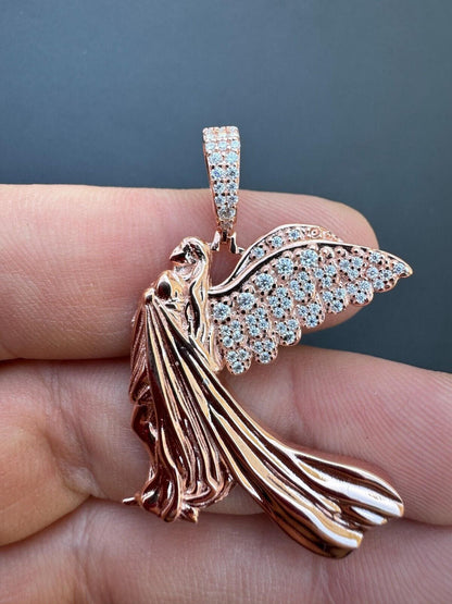 HarlemBling Moissanite Guardian Angel Pendant Real 14k Rose Gold & 925 Silver Iced Necklace