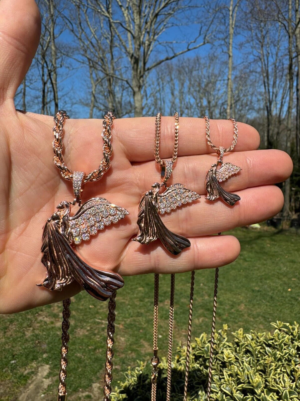 HarlemBling Moissanite Guardian Angel Pendant Real 14k Rose Gold & 925 Silver Iced Necklace