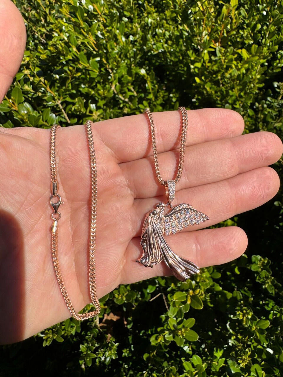 HarlemBling Moissanite Guardian Angel Pendant Real 14k Rose Gold & 925 Silver Iced Necklace