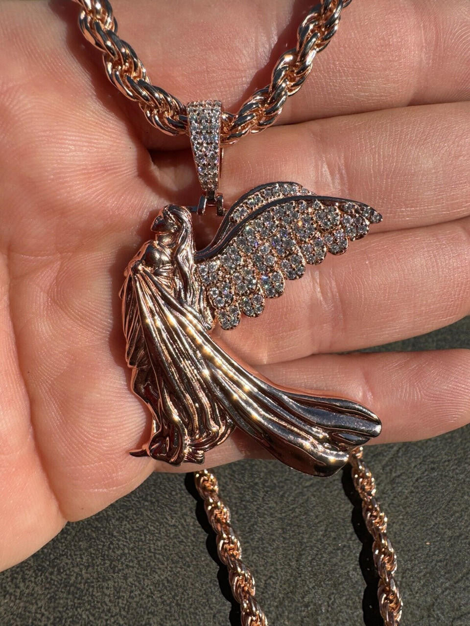 HarlemBling Moissanite Guardian Angel Pendant Real 14k Rose Gold & 925 Silver Iced Necklace