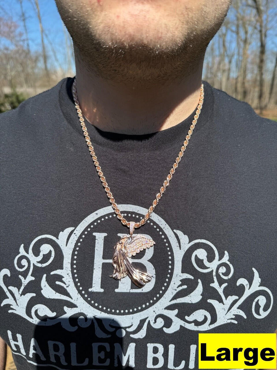 HarlemBling Moissanite Guardian Angel Pendant Real 14k Rose Gold & 925 Silver Iced Necklace