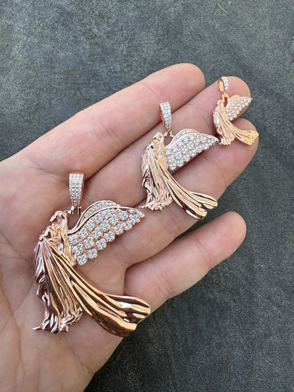 HarlemBling Moissanite Guardian Angel Pendant Real 14k Rose Gold & 925 Silver Iced Necklace