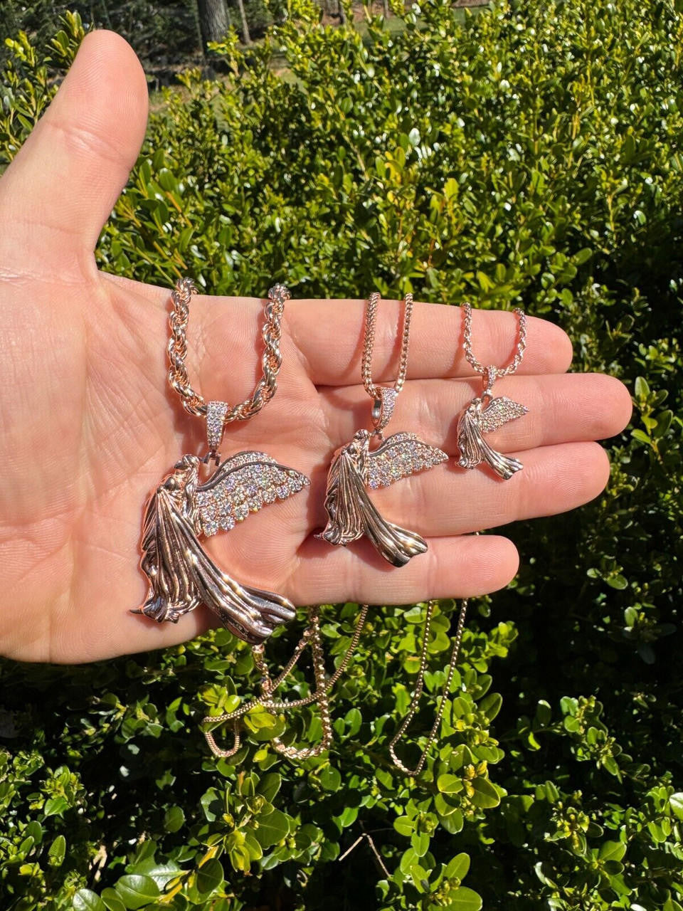 HarlemBling Moissanite Guardian Angel Pendant Real 14k Rose Gold & 925 Silver Iced Necklace