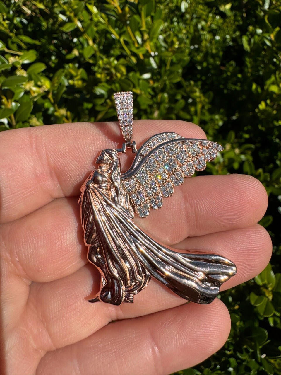 HarlemBling Moissanite Guardian Angel Pendant Real 14k Rose Gold & 925 Silver Iced Necklace