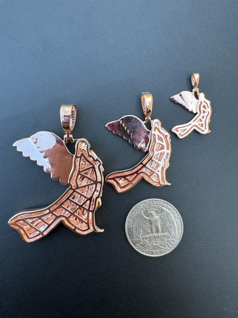 HarlemBling Moissanite Guardian Angel Pendant Real 14k Rose Gold & 925 Silver Iced Necklace