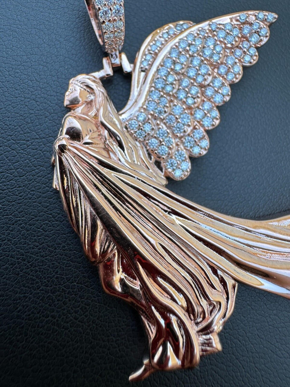 HarlemBling Moissanite Guardian Angel Pendant Real 14k Rose Gold & 925 Silver Iced Necklace