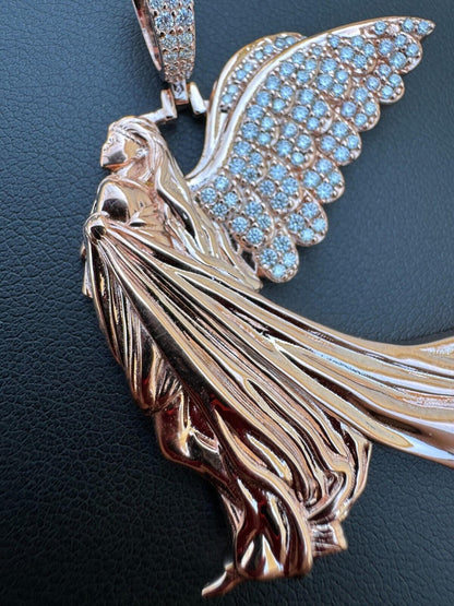 HarlemBling Moissanite Guardian Angel Pendant Real 14k Rose Gold & 925 Silver Iced Necklace